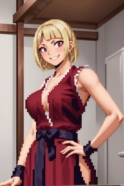 masterpiece, best quality, looking at viewer, mature female, large breasts, seductive smile, <lora:tanakasaeko-nvwls-v1:0.9> tanaka saeko, blonde hair, earrings, <lora:SNK-Kof_sprites_Fp:0.8>