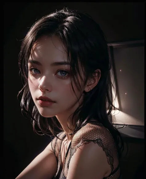 (photo-realistic:1.3)
(1girl), solo, (30yo), (dark room:1.3), (rim lighting:1.3), (dimly lit:1.3), (dark night:1.3), (deep shadows:1.3), indoors, portrait, black hair, dark background, long hair, nsfw,
wearing fishnet top
 <lora:wearing_fishnet14:0.2>
masterpiece