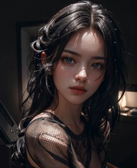 (photo-realistic:1.3)
(1girl), solo, (30yo), (dark room:1.3), (rim lighting:1.3), (dimly lit:1.3), (dark night:1.3), indoors, portrait, black hair, dark background, long hair, nsfw,
wearing fishnet top
 <lora:wearing_fishnet14:0.2>
masterpiece