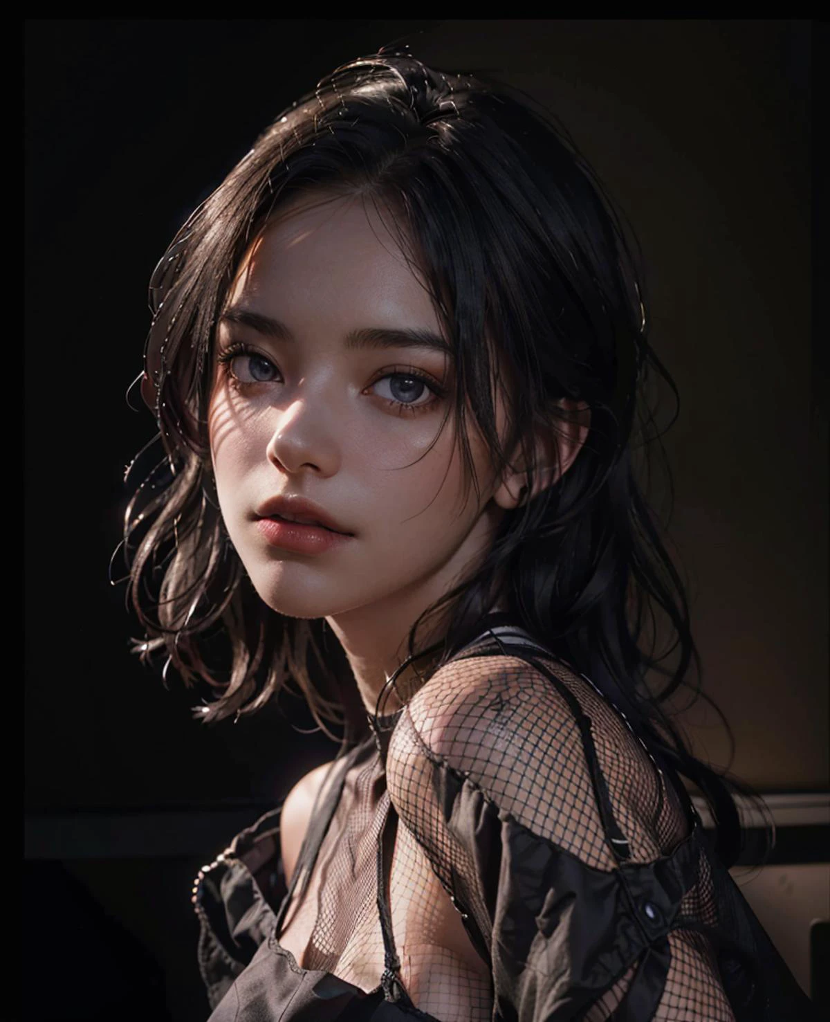 (photo-realistic:1.3)
(1girl), solo, (30yo), (dark room:1.3), (rim lighting:1.3), (dimly lit:1.3), (dark night:1.3), (deep shadows:1.3), indoors, portrait, black hair, dark background, long hair, nsfw,
wearing fishnet top
<lora:wearing_fishnet14:0.2>
masterpiece
