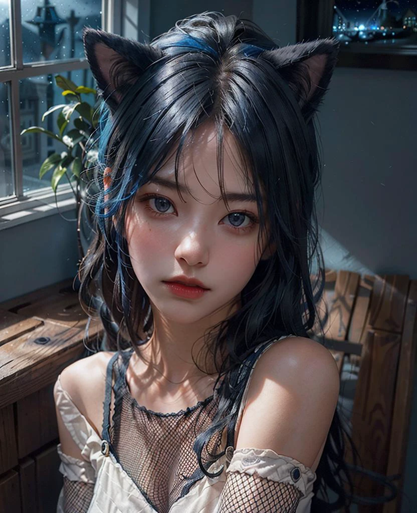 (photo-realistic:1.3)
(1girl), solo, (30yo), mature, (blue room:1.2), (rim lighting:1.3), (dimly lit:1.3), (dark night:1.3), indoors, very_long_hair, cat ears,
nsfw, see through top, fishnet,
<lora:JapaneseDollLikeness_v15:0.4>
<lora:wearing_fishnet14:0.2>