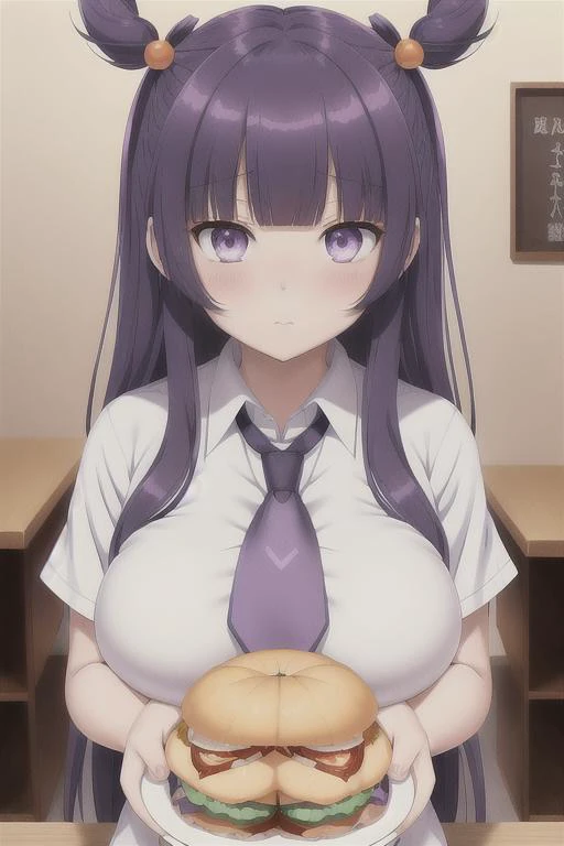 1girl, anime screencap, asymmetrical bangs, bangs, blue neckwear, breasts, eating, food, hair ornament, highres, holding, holding_food, large breasts, looking down, mieruko-chan, necktie, orange_hair, purple eyes, school uniform, screencap, shirt, stitched, white_shirt, yurikawa hana