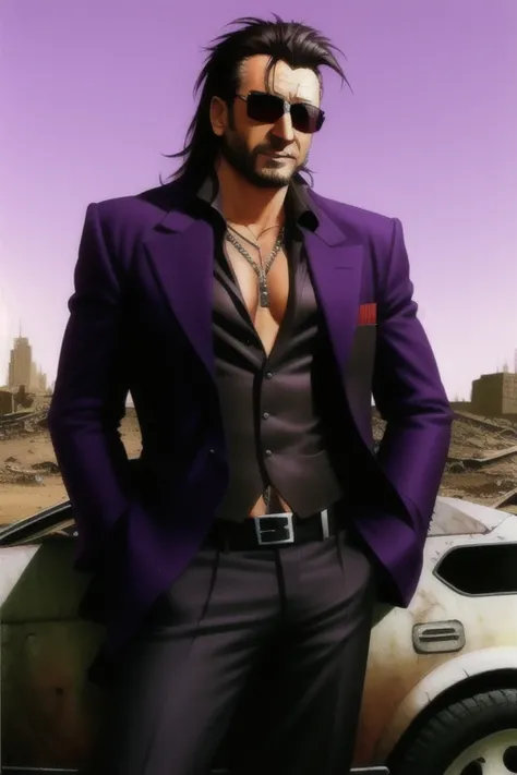 by Simon Bisley, a drug lord wearing a purple suit, sunglasses, post apocalyptic