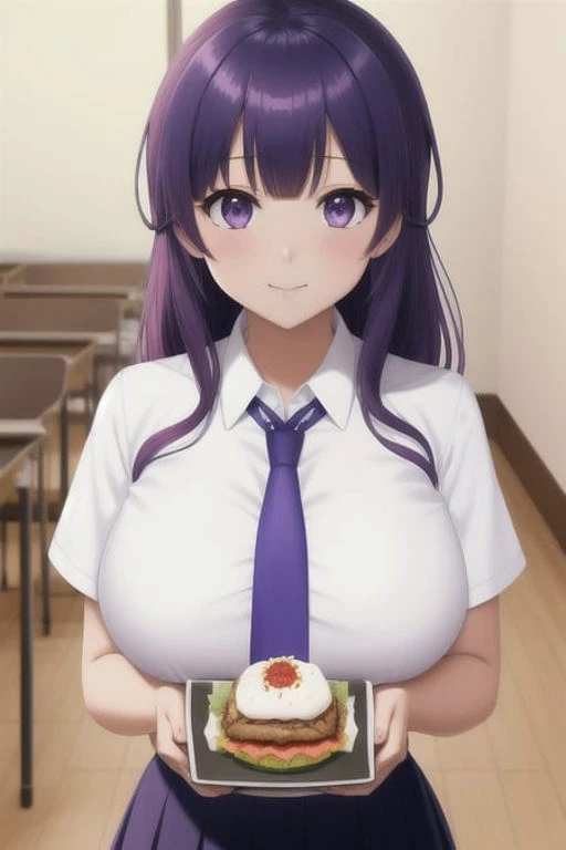 1girl, anime screencap, asymmetrical bangs, bangs, blue neckwear, breasts, eating, food, hair ornament, highres, holding, holding_food, large breasts, looking down, mieruko-chan, necktie, orange_hair, purple eyes, school uniform, screencap, shirt, stitched, white_shirt, yurikawa hana