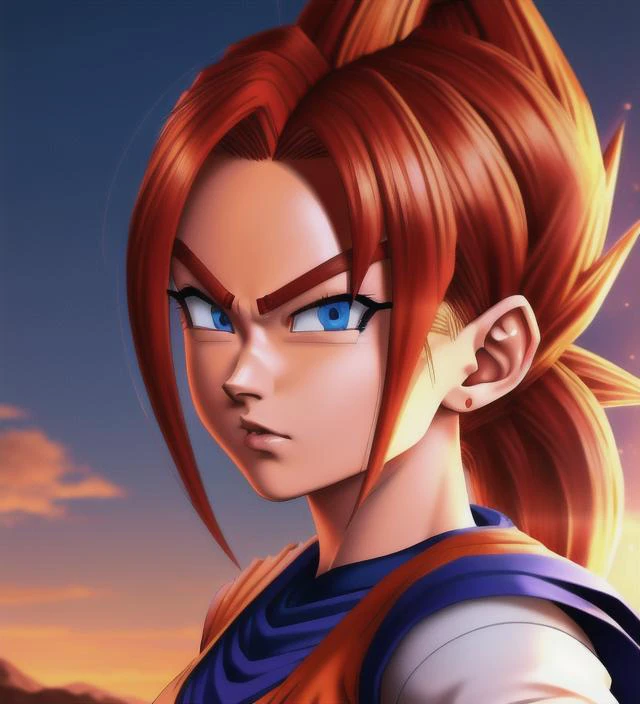 1girl, red hair, blue eyes, (Dragon Ball Z \(style\):1.2),(masterpiece:1.2), (best quality:1.2), Amazing, highly detailed, beautiful, finely detail, Depth of field, extremely detailed CG unity 8k wallpaper,