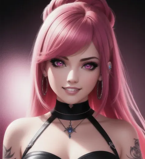 1girl, pink hair, dark red eyes, smile(teeth), piercings, tattoo, shiny eyes, glowing eyes, character portrait, bare shoulders, crop top, mask in hair, choker, red color palette background small details, ultra detailed, best quality, ,masterpiece, (volumetric lighting, bright),novelai, oil painting, drawn in medibang paint, 4k wallpaper, aesthetic, masterpiece, award-winning photography, macro photography vivid colors, photorealistic, atmospheric, cinematic, moody, rule of thirds, majestic, detailed, perfect anatomy