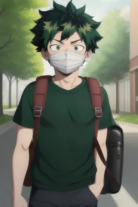 anime screencap, ((1boy)), backpack, bag, boku no hero academia, freckles, green eyes, green hair, horikoshi kouhei, mask, midoriya izuku, mouth mask, screencap, street, wall, trees