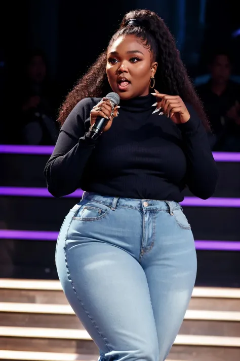 Busty 250 pound obese  black female rapper on stage.  She has (( unreal, oversize, large saggy tits showing massive gross cleavage:1.2)) and holding a microphone.