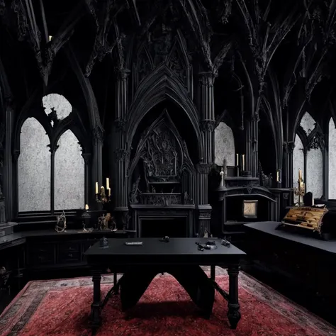 <hypernet:GothicArchitecture:1> A gothic style home office with a fireplace