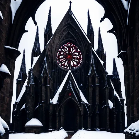 <hypernet:GothicArchitecture:1> Exterior of a gothic church with a large rose window during a snowfall