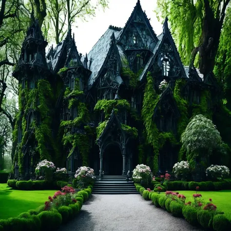 <hypernet:GothicArchitecture:1> Exterior of a gothic house with a beautiful garden during a spring morning