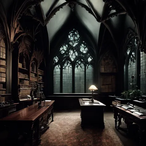 <hypernet:GothicArchitecture:1> A dimly lit Gothic study room at dusk, filled with dark mahogany furniture, a large world map on the wall, and a desk with scattered parchments