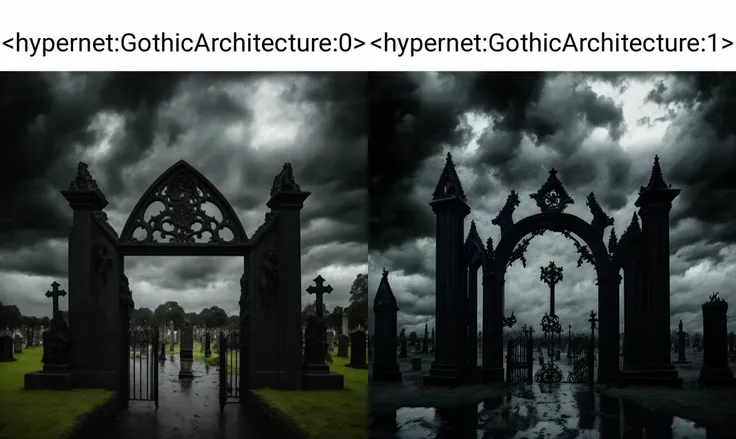 <hypernet:GothicArchitecture:0> A Gothic style cemetery gate under a stormy sky