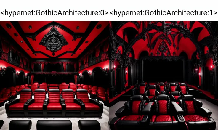 <hypernet:GothicArchitecture:0> Gothic home theater with a large screen, plush red seats, a dramatic black and red color scheme, and gothic style wall decorations