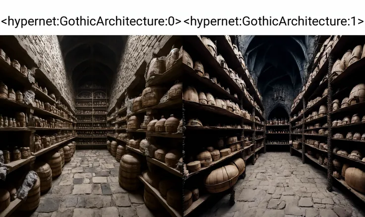 <hypernet:GothicArchitecture:0> A Gothic castle's pantry at noon, filled with sacks of grain, barrels of ale, and the smell of freshly baked bread