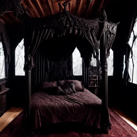 <hypernet:GothicArchitecture:1> Cozy gothic bedroom with a four-poster bed, dark wood paneling, and a gothic-inspired headboard with intricate carvings