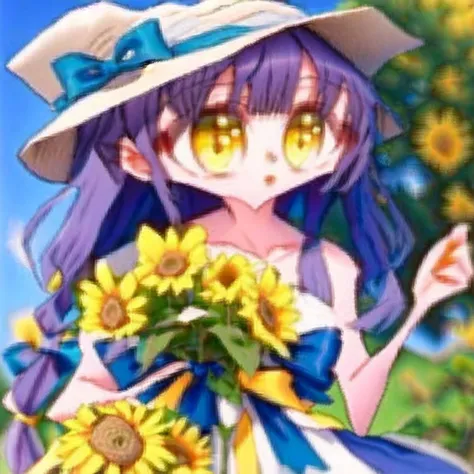 <lora:liquid_distortion2:1> , liquid_distortion,
1girl, bare arms, blue ribbon, bouquet, bow, collarbone, dress, flower, grey dress, hat, hat bow, holding, holding bouquet, long dress, long hair, looking at viewer, purple bow, purple hair, ribbon, sleeveless, sleeveless dress, solo, standing, straight hair, straw hat, sun hat, sundress, sunflower, very long hair, yellow eyes, yellow flower, yellow headwear