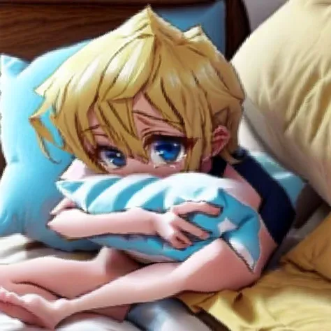 <lora:liquid_distortion2:1> , liquid_distortion, :t, barefoot, blonde hair, feet, male, pillow, pillow hug, pout, shorts, tears, trap