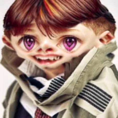 <lora:liquid_distortion2:1> , liquid_distortion, 1boy, alternate hair color, bangs, buttons, checkered, checkered neckwear, checkered scarf, double-breasted, hair between eyes, hand up, highres, jacket, long sleeves, lower teeth, male focus, medium hair, multicolored hair, open mouth, red background, redhead, sanmian \(chidarakeno\), scarf, simple background, solo, teeth, two-tone hair, upper body, violet eyes, white jacket