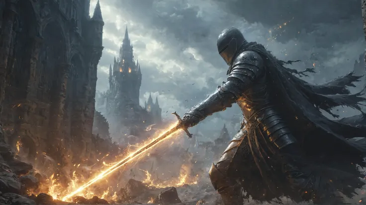 In the aftermath of an epic battle, a lone knight is amidst the ruins of a medieval city . His armor is a dark tapestry of tattered cloaks and intricate chainmail, clinging to him like the remnants of forgotten wars. In his grip is a weapon engraved with runes glowing with a blue otherworldly light, echoing the finality of conflict. Behind him, the stormy heavens unleash their fury, with lightning striking like the wrath of gods. The knight's posture is one of defiance against the chaos of a fractured world, a silent sentinel in the face of oblivion. <lora:add-detail-xl:1> <lora:XL_Weapon_Curved_Sword_Slash__-_By_HailoKnight:0.75> Curved Sword Slash <lora:Soul_Knight_SDXL_-_By_HailoKnight:0.5> soul knight