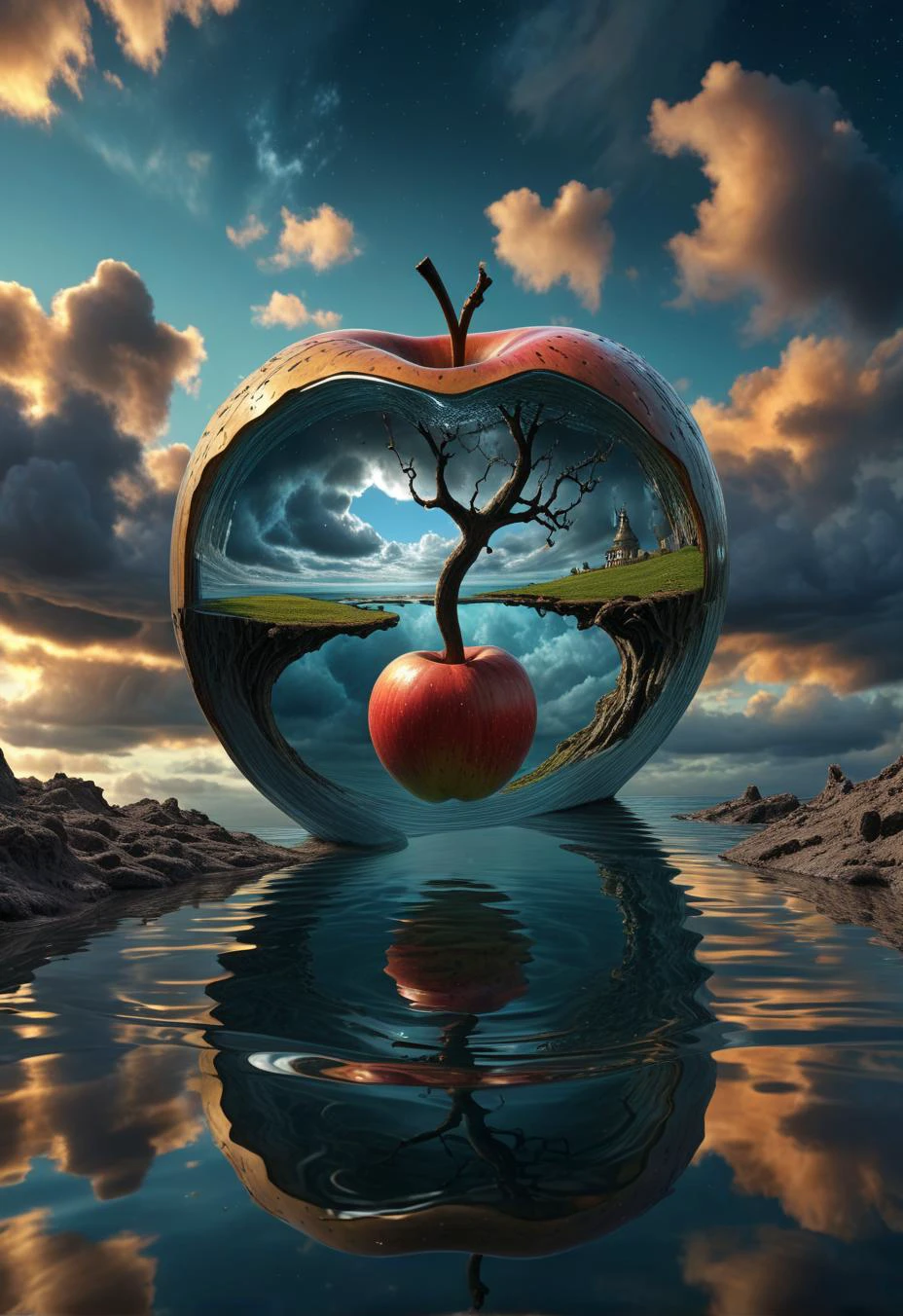 Surrealism,detailed water,
a huge hollow apple shape,
with wonderland and mysterious sky in the background.
8k texture,Reflective light,