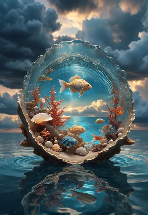 Surrealism,detailed water and fish,
open shell,
with wonderland and mysterious sky in the background.
8k texture,reflective light,delicate light,