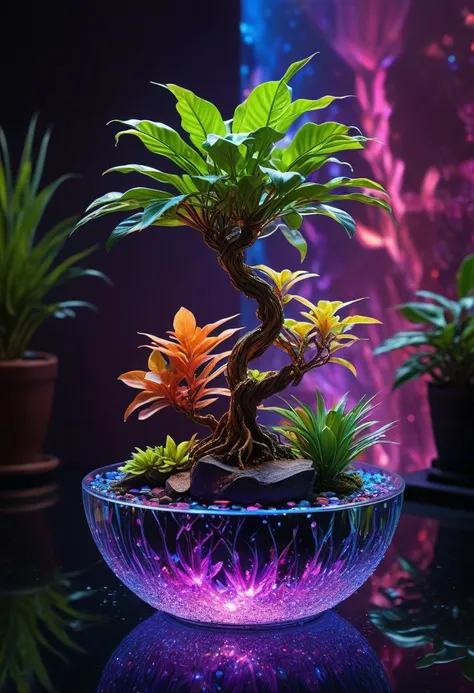 holographic art,
Fairy mist,
advertising photography,
detailed reflection,
colorful crystal basin
tropical plant bonsai
dynamic color ambient light,,