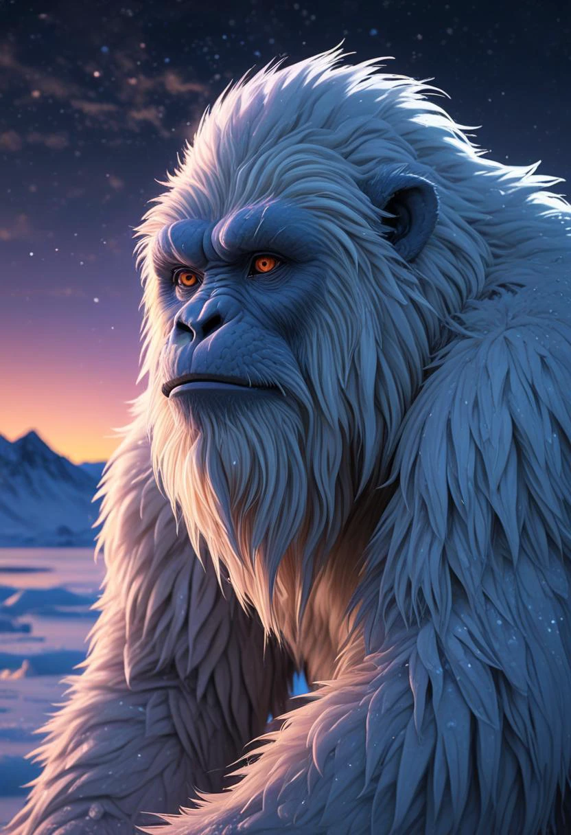 anime artwork Realistic, melancholic yeti, amidst a barren polar ice cap, under the awe-inspiring canvas of the night sky, where shimmering auroras paint a lonely portrait, intensifying the creature's solitude. . anime style, key visual, vibrant, studio anime, highly detailed