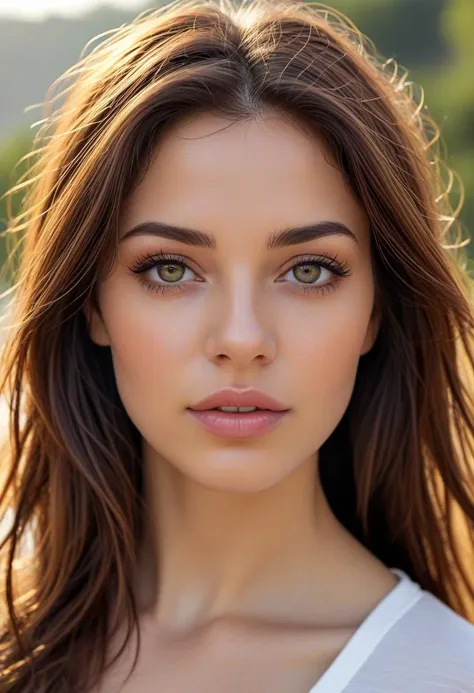 HDR photo of portrait of a beautiful israeli woman, face close-up, hyper detailed eyes, detailed skin with a flawless texture delicate and refined, smooth hair elegantly draped around her neck, full lips, wearing a white t-shirt, and jeans, waterfall in the background, natural lighting accentuates her natural beauty, supersharp focus, bokeh, style of Jovana Rikalo, . High dynamic range, vivid, rich details, clear shadows and highlights, realistic, intense, enhanced contrast, highly detailed