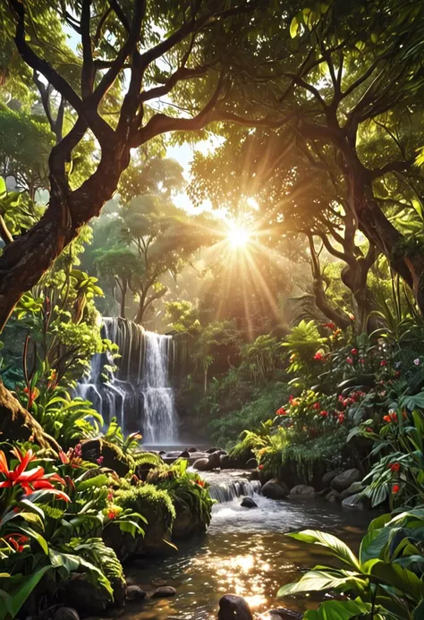 zPDXL, 1 astonishingly beautiful jungle landscape, sunrise, fruit trees, flowers, waterfall, sun ray, 4K