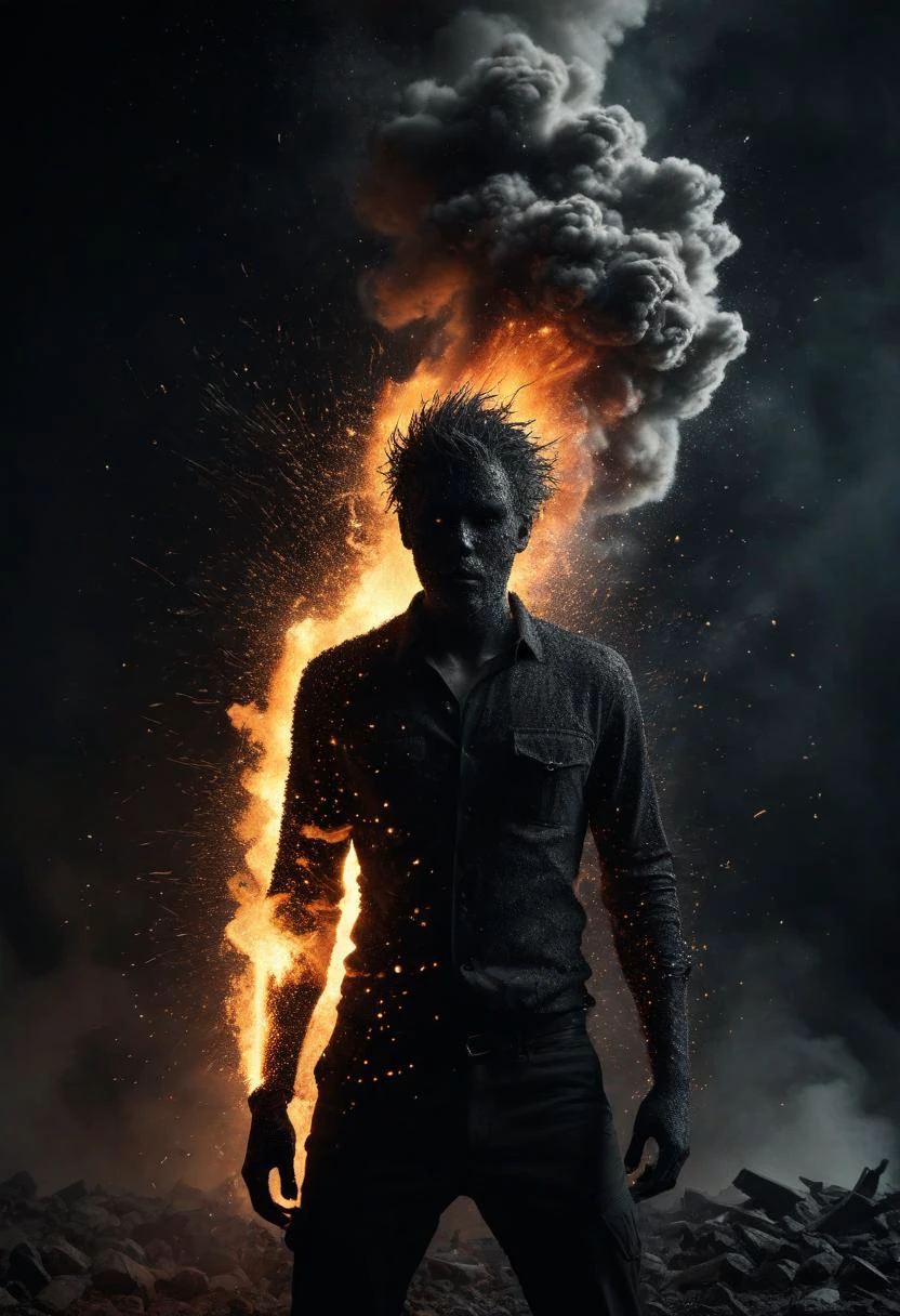 surrealism,dark tones,
detailed ash particles,
explosion special effect,
head and fire mixed,
visual impact,
fire swing with wind,