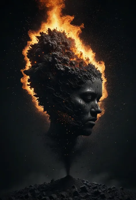 Photo of a beautiful woman made of black lava, die meditierend auf fliessender Lava sitzt, die Lava funkelt, leuchtet, sie meditiert in vollkommender Harminie mit sich selbst, ihre Haare aus Lava fliegen im Wind, der Himmel ist schwarz und von Blitzen durchzogen, She is the crowning achievement of creation, enigmatic and at the same time breathtaking and beautiful, Her entire body is covered in glowing Maya tattoos 