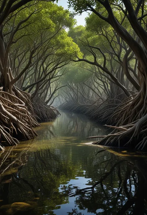 Create a digital artwork of the dense, shadowy mangrove forests of the Sundarbans, with an ominous air of mystery. The scene should capture the intricate tangle of mangrove roots and dense foliage, with dark waters weaving through the forest. Shadows should dominate the landscape, with patches of dim light filtering through the thick canopy. Include subtle details like twisted branches, reflections in the water, and hints of wildlife to enhance the sense of foreboding and mystery in this eerie, natural setting."