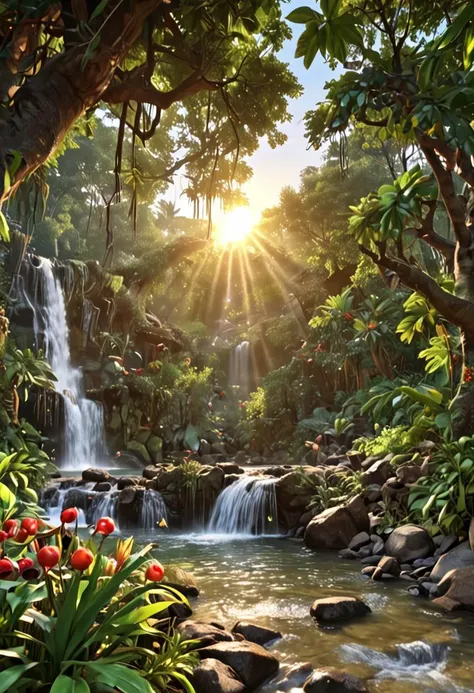 zPDXL, 1 astonishingly beautiful jungle landscape, sunrise, fruit trees, waterfall, small animals, sun ray, 4K