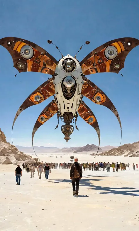25. Atop a majestic mountain overlooking the playa, a colony of giant mechanical moths flutter in unison, carrying burners from all corners of the world to witness the rebirth of a cosmic egg at an ancient ruin in the distance.