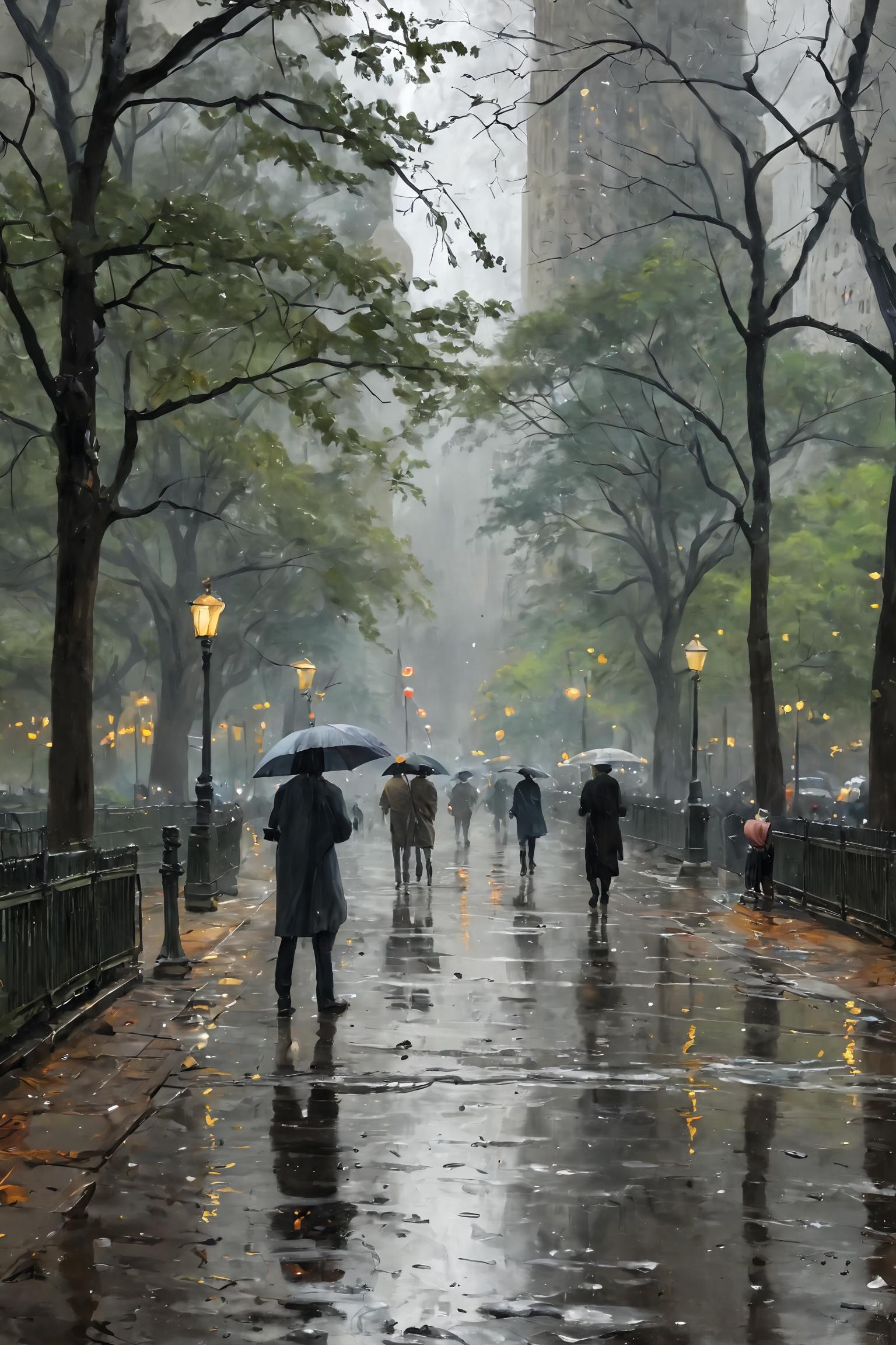 Painting of people walking in the rain with umbrellas in a city - SeaArt AI