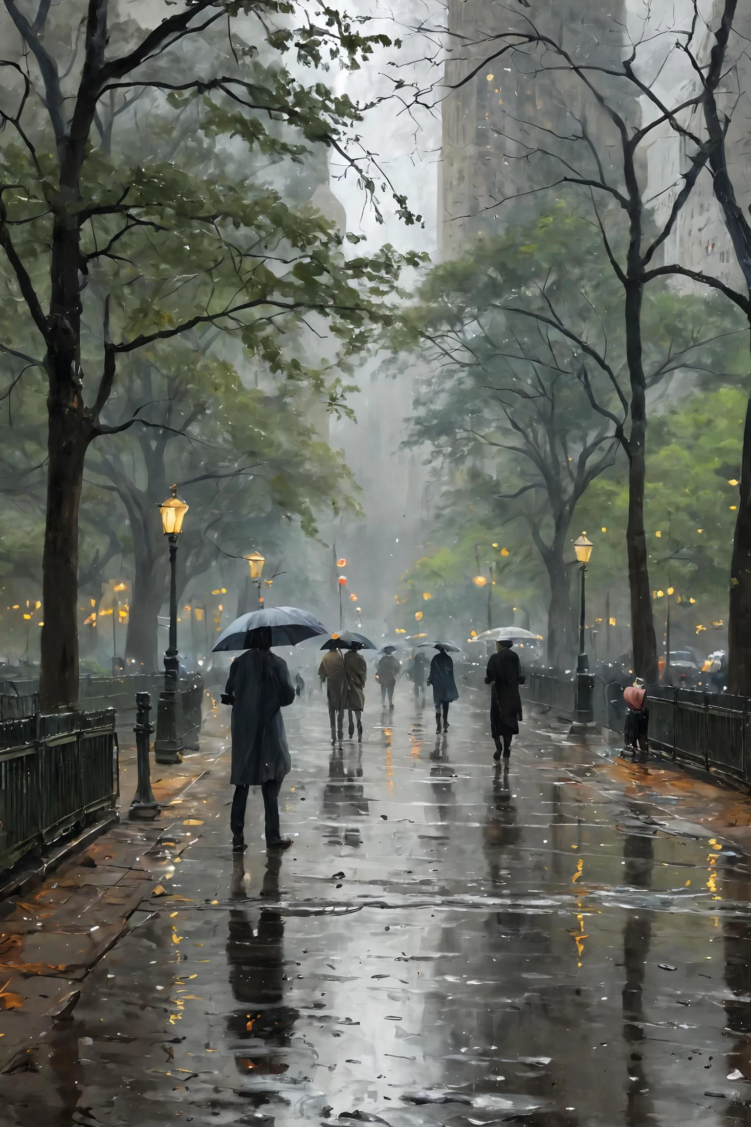Painting of New York Central Park, raining day, (impressionist style), (Claude Monet), dramatic lighting, high detail, high contrast