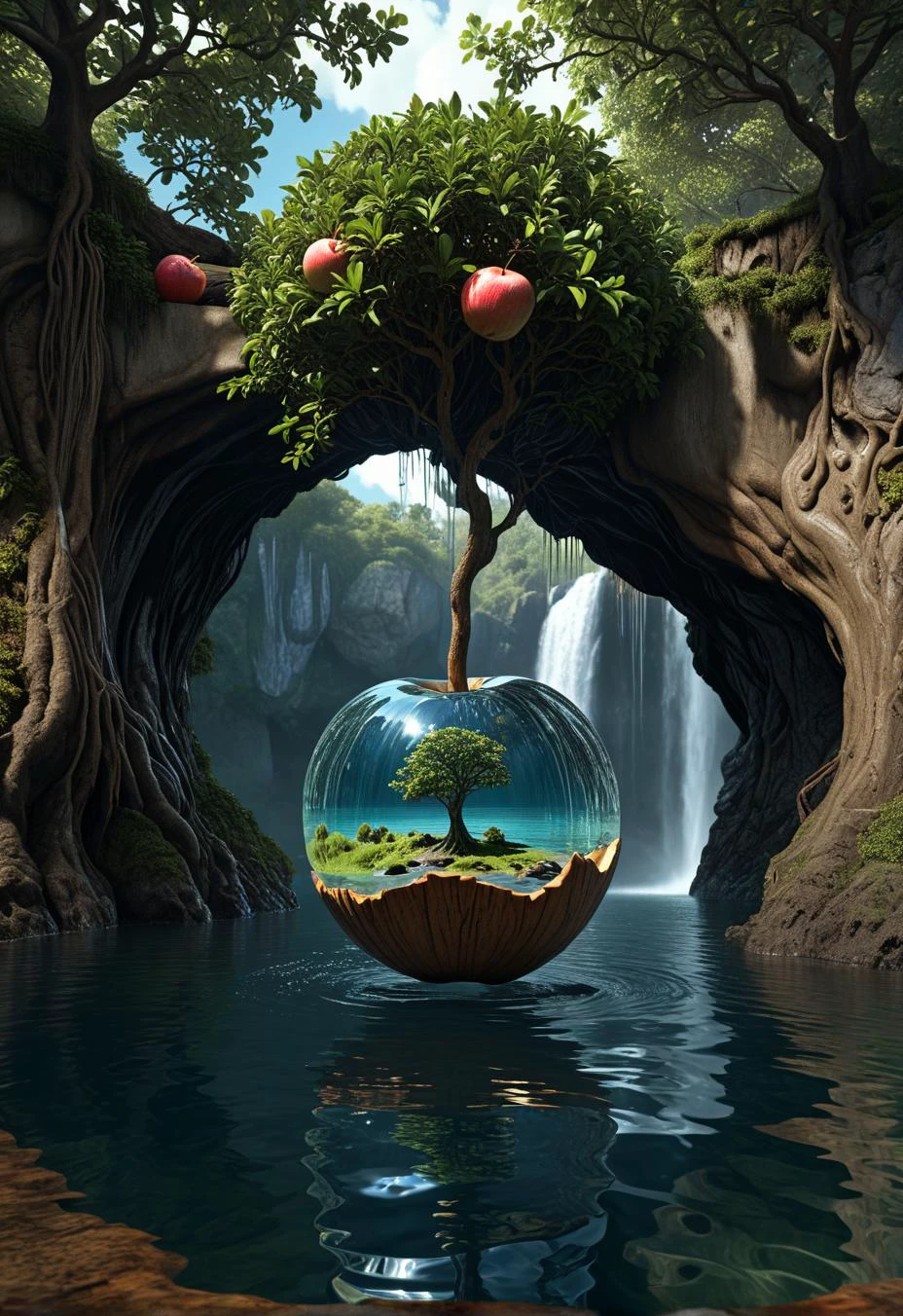 Surrealism,detailed water,
a huge hollow apple shape,
island and waterfall on tree in the background.
8k texture,Reflective light,