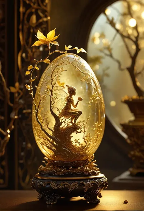 Surrealism,
golden atmosphere,
Delicate and noble carvings,
detailed glass,
hollow egg bonsai shape,
(elf fairy) in the background,
specular light,
sparkling,