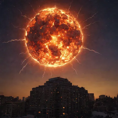 a huge fireball in the sky above the city, close-up,