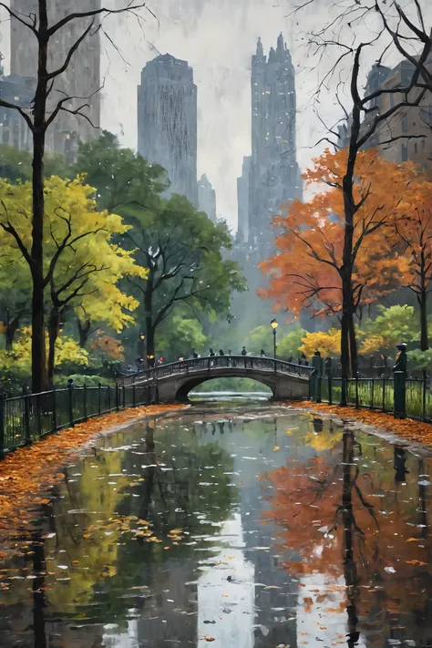 Painting of New York Central Park, raining day, (impressionist style), (Claude Monet), dramatic lighting, high detail, high contrast