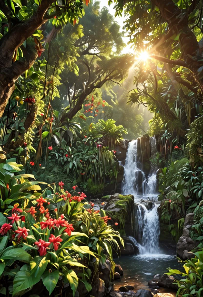 zPDXL, 1 astonishingly beautiful jungle landscape, sunrise, fruit trees, flowers, waterfall, sun ray, 4K