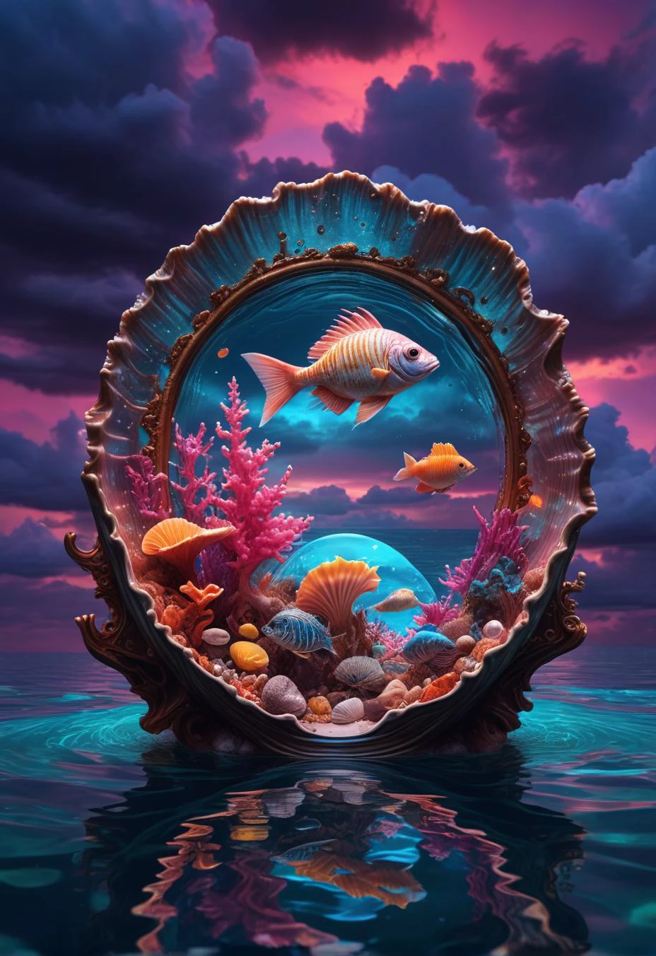 Surrealism,detailed water and fish,
open shell,
with wonderland and mysterious sky in the background.
8k texture,reflective light,neon Light,