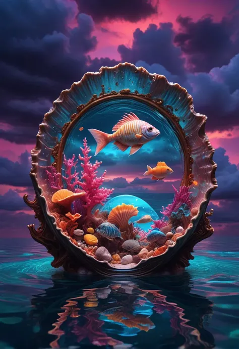 Surrealism,detailed water and fish,
open shell,
with wonderland and mysterious sky in the background.
8k texture,reflective light,neon Light,