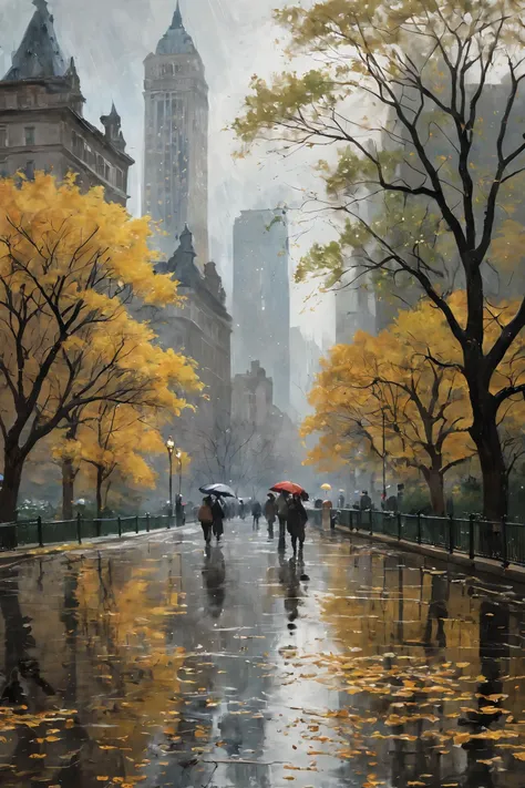 Painting of New York Central Park, raining day, (impressionist style), (Claude Monet), dramatic lighting, high detail, high contrast