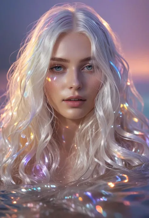 light art,
Iridescent atmosphere,
refracted light effects,
rainbow colors,
water soft iridescent,white long wavy hair,