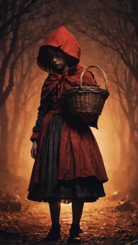 silhouette of little red riding hood, holding a basket, dark magic splash, gothic, Halloween, burnt orange gradient, magic, nature, clean background, magic splash, 3D vector art, fantasy art, watercolor effect, bokeh, Adobe Illustrator, hand-drawn, digital painting, soft lighting, isometric style, retro aesthetic, 4K resolution, using Cinema 4D, natural lighting, cinematic, masterpiece, highly detailed, intricate, extreme textures, horror, terryfying, creepy, Scary, <lora:add-detail-xl:1>