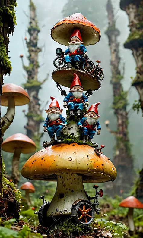 8. In this fantastical realm, a tribe of mechanical gnome acrobats perform daring stunts atop a giant mushroom, their tiny frames barely visible amidst the towering fungus as they enthrall onlookers with whimsical antics and dazzling costumes.