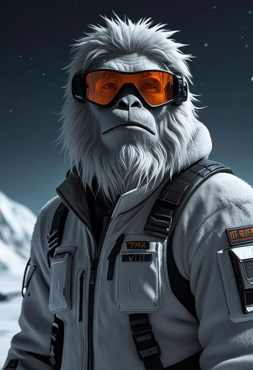 Techwear fashion Realistic, melancholic yeti, amidst a barren polar ice cap, under the awe-inspiring canvas of the night sky, where shimmering auroras paint a lonely portrait, intensifying the creature's solitude. . Futuristic, cyberpunk, urban, tactical, sleek, dark, highly detailed