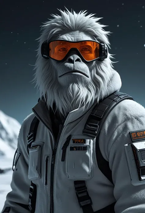 Techwear fashion Realistic, melancholic yeti, amidst a barren polar ice cap, under the awe-inspiring canvas of the night sky, where shimmering auroras paint a lonely portrait, intensifying the creature's solitude. . Futuristic, cyberpunk, urban, tactical, sleek, dark, highly detailed